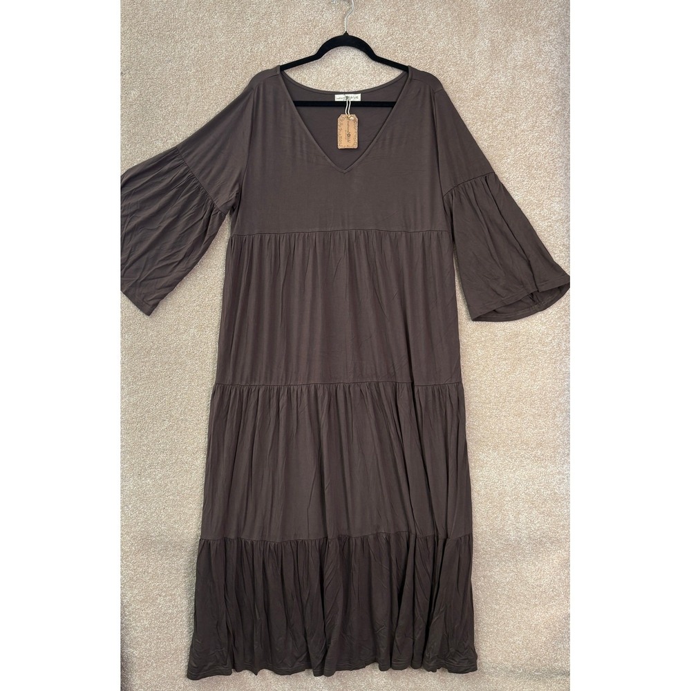 NWT NATURAL LIFE Maxi Dress Women's L/XL Brown Tiered V-Neck Bell Sleeve Boho - Picture 2 of 8
